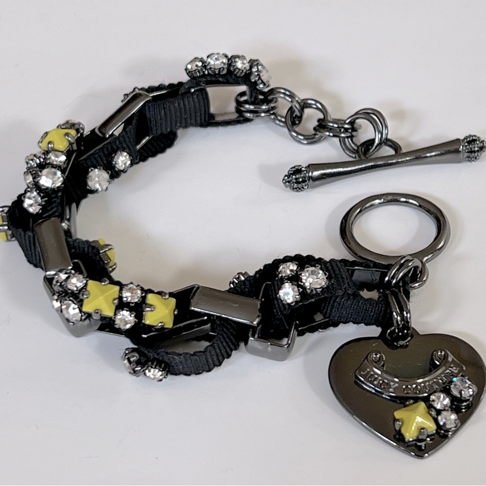 NWOT Juicy Couture Hematite Toggle Bracelet w/ Ribbon, Crystals, & Neon Studs